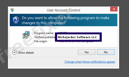 Screenshot where NicheJacker Software LLC appears as the verified publisher in the UAC dialog